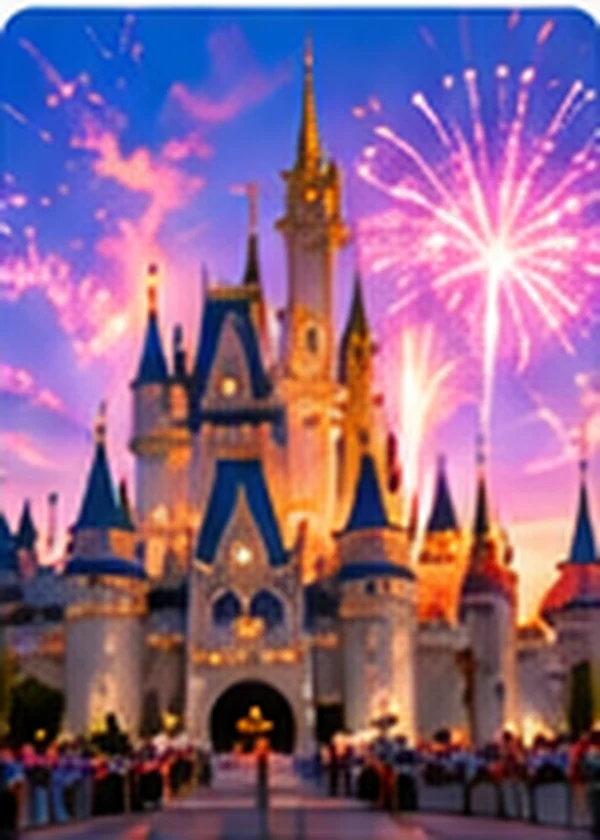 Fantasy theme park vacation with a castle and fireworks