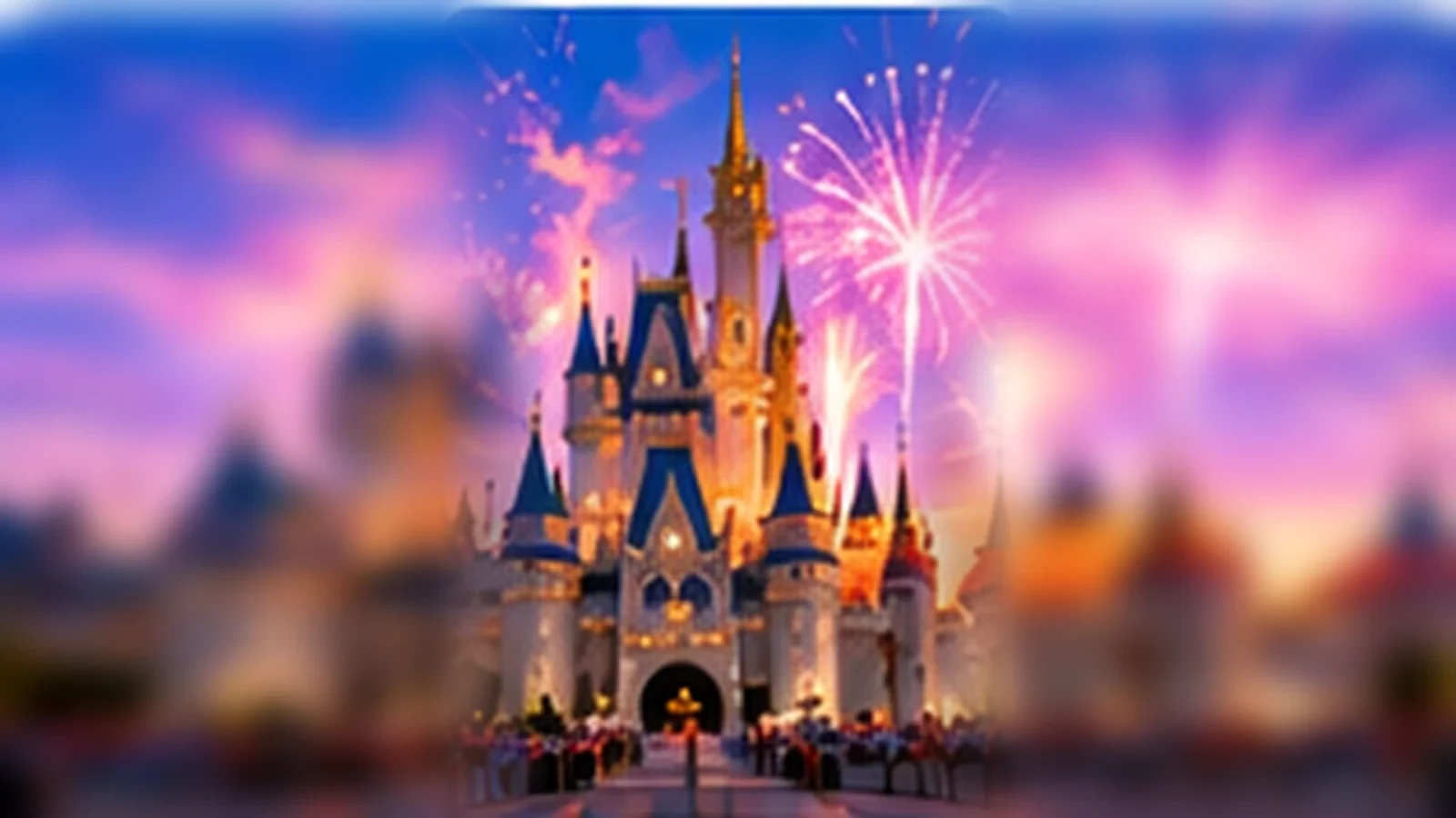 Fantasy amusement park vacation with a glowing castle and fireworks
